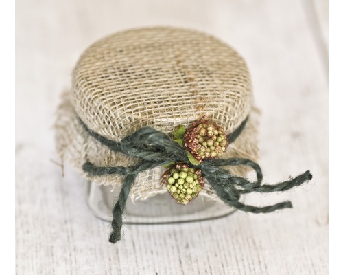Weckpot versierd met jute stof en strik