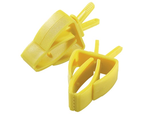 Twee gele kunststof plantenclips voor plantenbevestiging