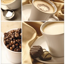 Collage met koppen koffie, koffiebonen en chocolade