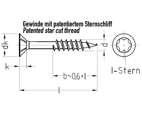 Tekening van een schroef met gepatenteerde sterslijping