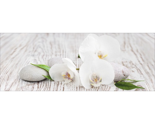 PURE LIVING Schilderij glas White Spring IV 50x125 cm Witte orchideeën met stenen op een houten tafel