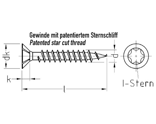 Technische tekening van een schroef met gepatenteerde sterslijping