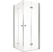 Hoekdouche met heldere glazen wanden en zilverkleurige frames
