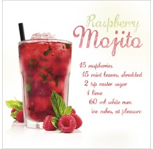Recept voor framboos Mojito met ingrediënten en glas gevuld met frambozen, munt en ijsblokjes