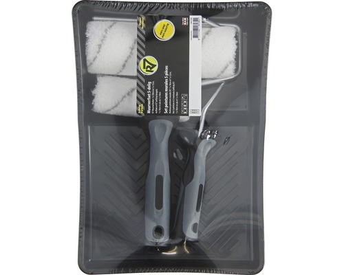 Verf mengbeker met verfroller, twee verfrollen, radiatorborstel en verfbak als 5-delige verfrollerset