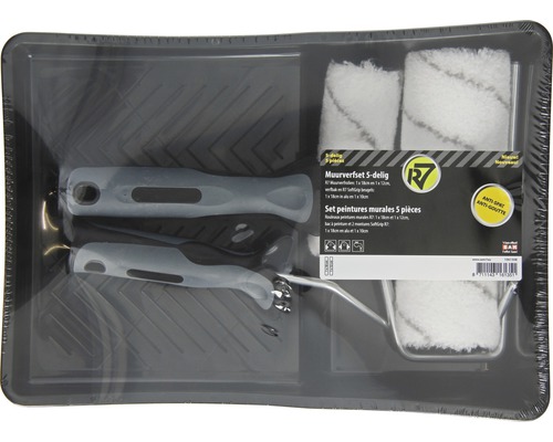 Vijfdelige verfrollerset met verfbak, twee verfrollers en twee beugels