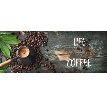 Koffiepot en koffiebonen met de tekst Life begins after Coffee