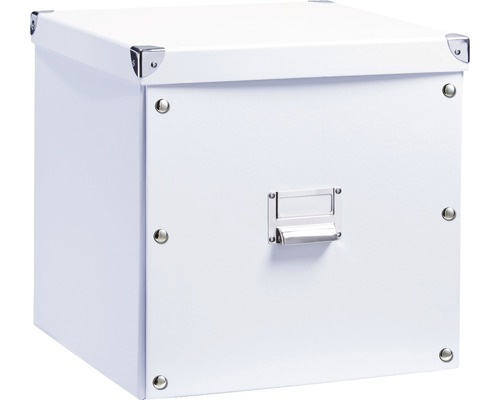 Witte opbergdoos met deksel, labelhouder en hoekverstevigingen.