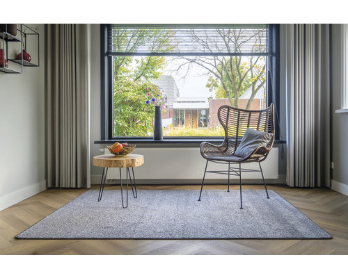 Woonkamer met vloerkleed, rotan stoel en houten tafel