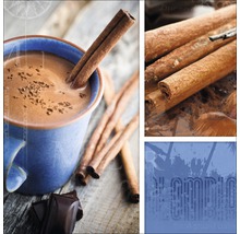 Collage met een kop chocolade, kaneelstokjes en stukjes chocolade