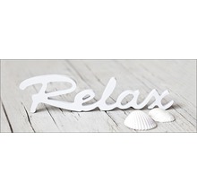Decoratieobject Relax belettering en schelpen op hout