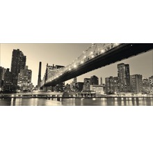 Zwart-witfoto van een stadsgezicht met een brug over een rivier bij nacht.
