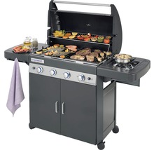 Gasbarbecue met gegrild voedsel, warmhoudrek, zijbrander en onderkast