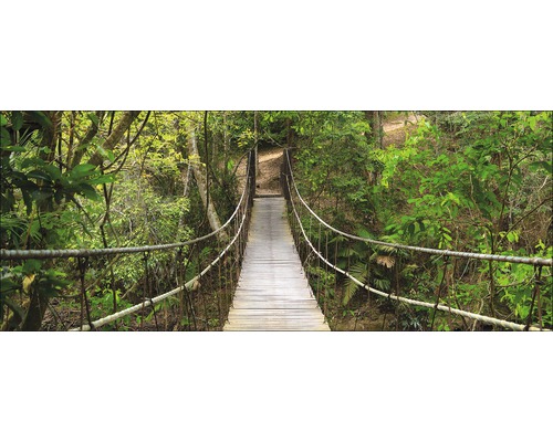 PURE LIVING Schilderij glas The Jungle 50x125 cm Houten hangbrug met stalen kabels in het bos