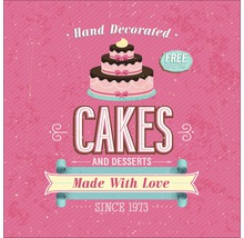 Illustratie van een drielaagse taart met het opschrift Cakes en Desserts, sinds 1973