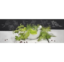 Stilleven met kruiden en vijzel voor een bord met kruidentekeningen