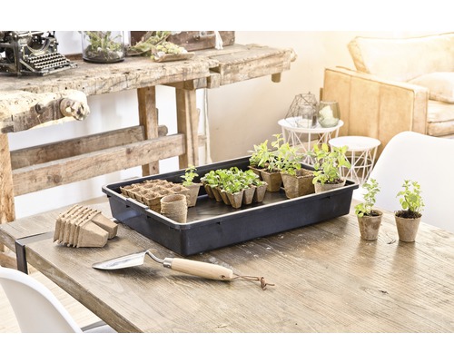 Zaaitray met kweekpotten en schep op een tafel