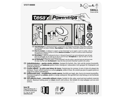 Tesa Powerstrips zelfklevende haak, verwijderbaar zonder sporen, inclusief vier strips