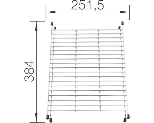 Technische tekening van een afdruiprek met afmetingen van 251,5 bij 384 millimeter.
