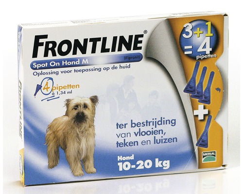 Frontline Spot On Hond M voor de bestrijding van vlooien, teken en luizen voor honden met een gewicht van 10 tot 20 kilogram, 4 pipetten