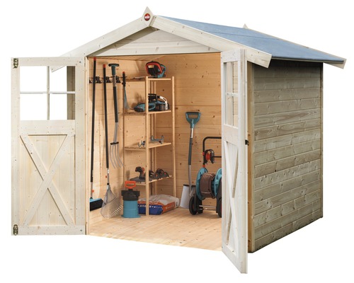 Houten tuinhuis met openstaande dubbele deuren en tuingereedschap binnenin