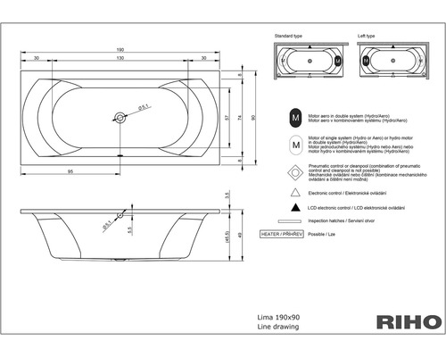 Technische tekening bad Lima 190x90