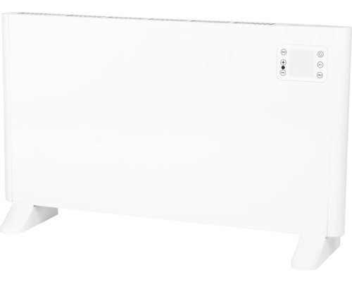 Witte radiator met digitaal bedieningspaneel en poten