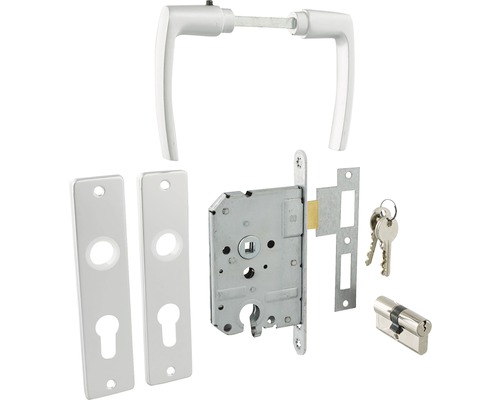 Deurbeslagset met deurklink, slot, sluitplaat, sleutels en cilinder