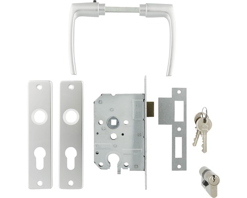 Deurbeslagset met deurklink, slotkast, sleutels en cilinder