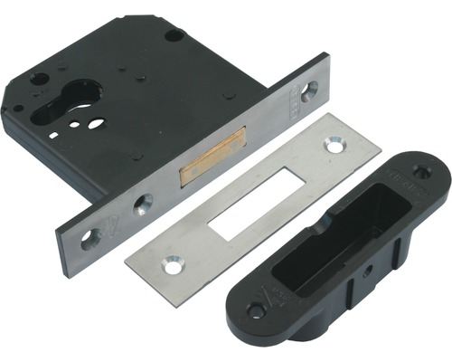 Insteekslotset bestaande uit slotkast, sluitplaat en slotvanger.