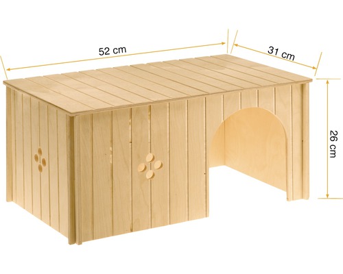 Houten huis voor kleine dieren met de afmetingen 52 x 31 x 26 cm