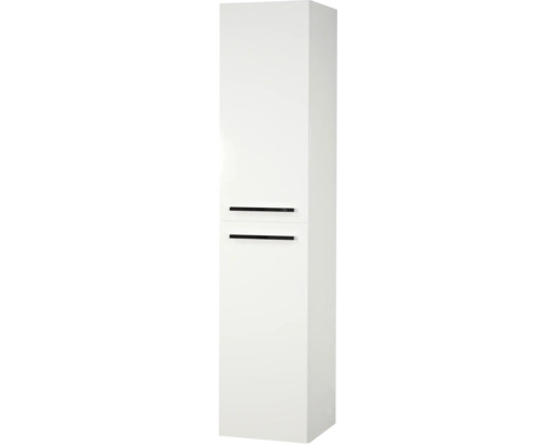 Witte hoge kast met twee deuren en smalle handgrepen