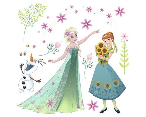 Frozen muursticker met Elsa, Anna, Olaf, bloemen en bladeren
