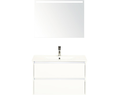 Badkamermeubelset Dante 80 cm keramische wastafel incl. spiegel met verlichting wit hoogglans-0