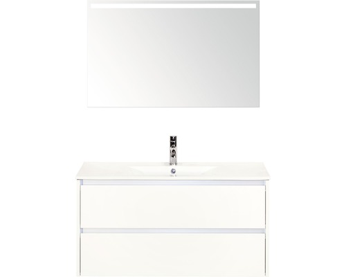 Badkamermeubelset Dante 100 cm keramische wastafel incl. spiegel met verlichting wit hoogglans