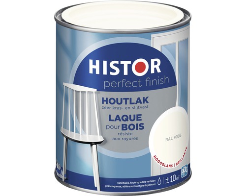HISTOR Perfect Finish Houtlak hoogglans RAL 9003 750 ml Verfemmer met houtverf, geschikt voor gebruik binnenshuis