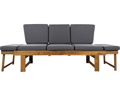 Tuinbank met drie zitplaatsen en grijze kussens van hout