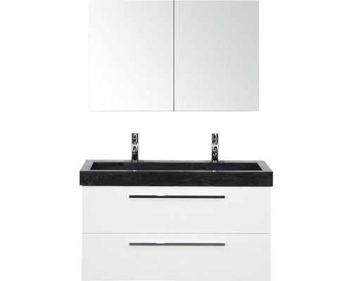 SANOX Badkamermeubelset Seville met spiegelkast en zwarte wastafel 101 cm wit Wastafel met wasbak, onderkast en spiegelkast voor de badkamer