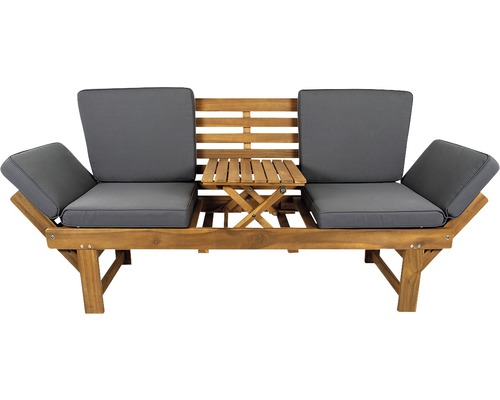 Houten tuinbank met grijze kussens en geïntegreerde inklapbare tafel