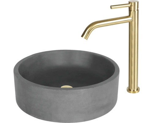 Ronde waskom van beton met hoge kraan