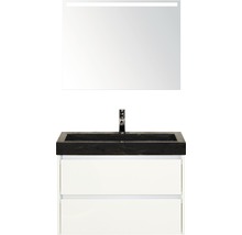 Badkamermeubelset Dante 80 cm natuurstenen wastafel incl. spiegel met verlichting wit hoogglans-thumb-0