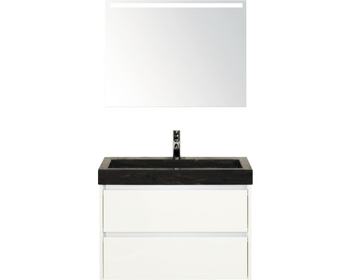 Badkamermeubelset Dante 80 cm natuurstenen wastafel incl. spiegel met verlichting wit hoogglans-0