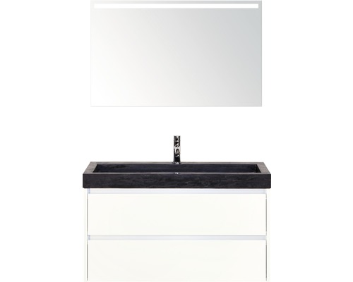 Badkamermeubelset Dante 100 cm natuurstenen wastafel 1 kraangat incl. spiegel met verlichting wit hoogglans