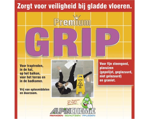 Afbeelding van een advertentie voor Premium Grip antislipmiddel, geschikt voor gladde vloeren zoals trappen, hallen, balkons, terrassen en badkamers