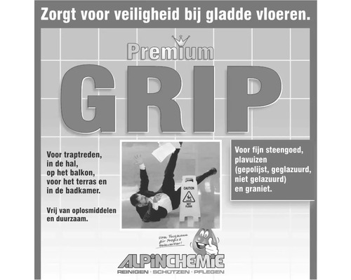Premium Grip advertentie voor veiligheid op gladde vloeren met een vallende persoon.