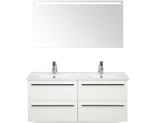 Badkamermeubelset Seville 120 cm keramische wastafel model 1 incl. spiegel met verlichting wit hoogglans