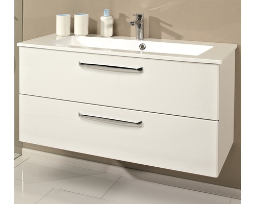 Witte wastafelonderkast met twee lades en opzetwastafel