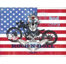 Illustratie van een doodskopmotorfietscollage tegen de achtergrond van de Amerikaanse vlag