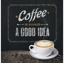 Stilleven met kop koffie en tekstbord