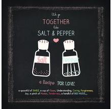 Illustratie met zout- en peperstrooiers en het opschrift: We passen samen als zout en peper, een recept voor liefde